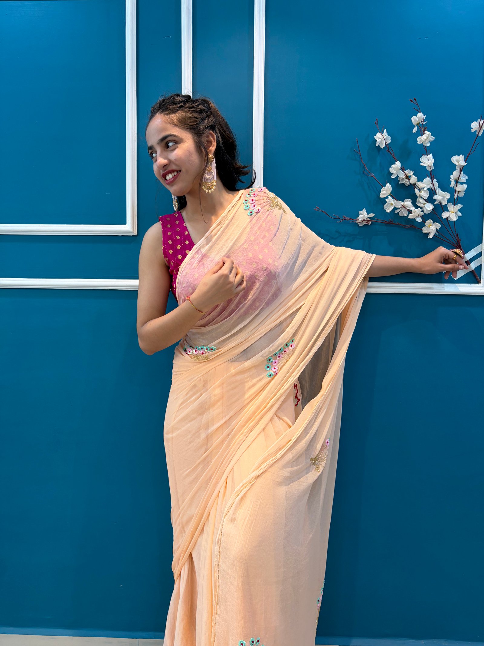 Pretty Flower Work Chiffon Saree