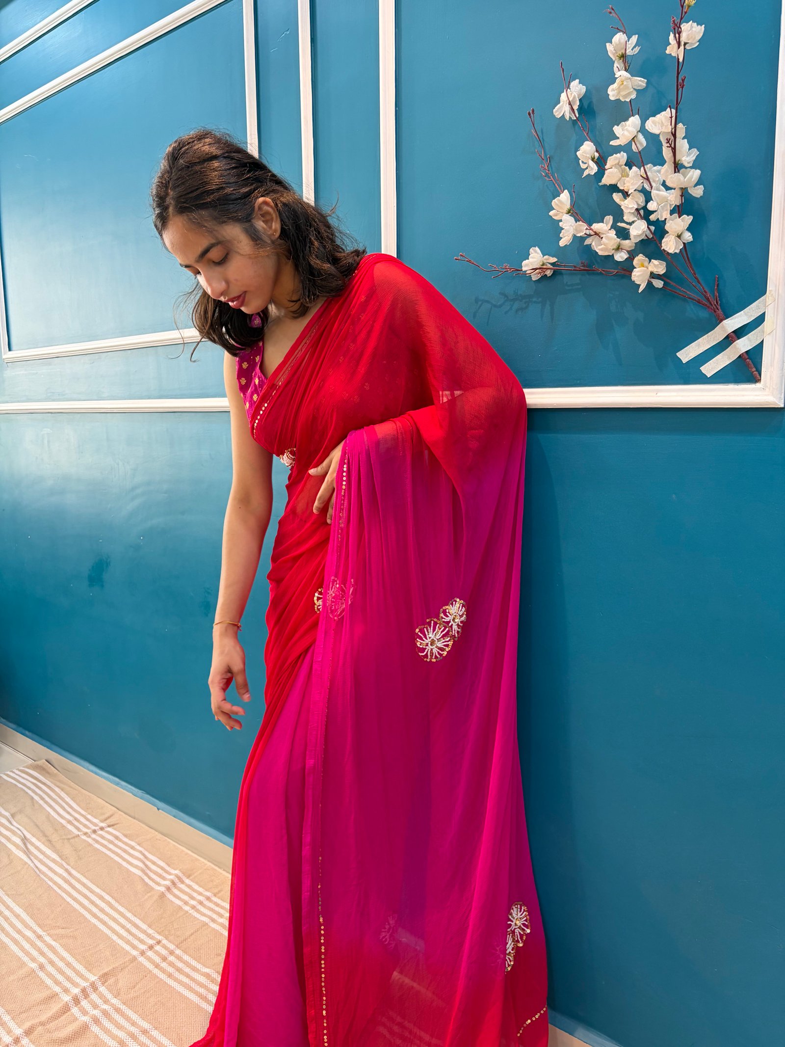 Pink Red Flower work chiffon saree